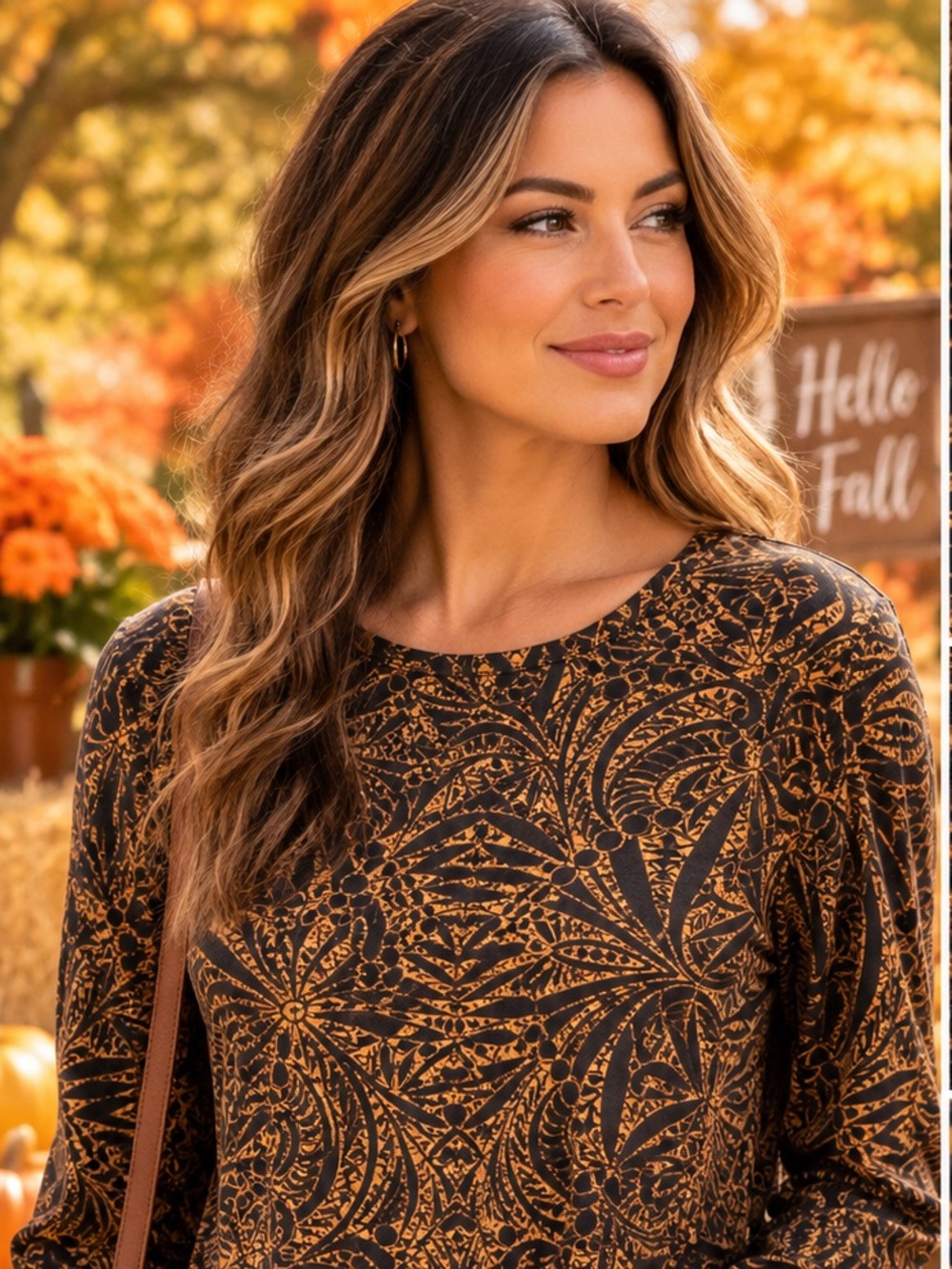 Chico’s Size 1 M Black Copper Brown Abstract Paisley Long Sleeve Top